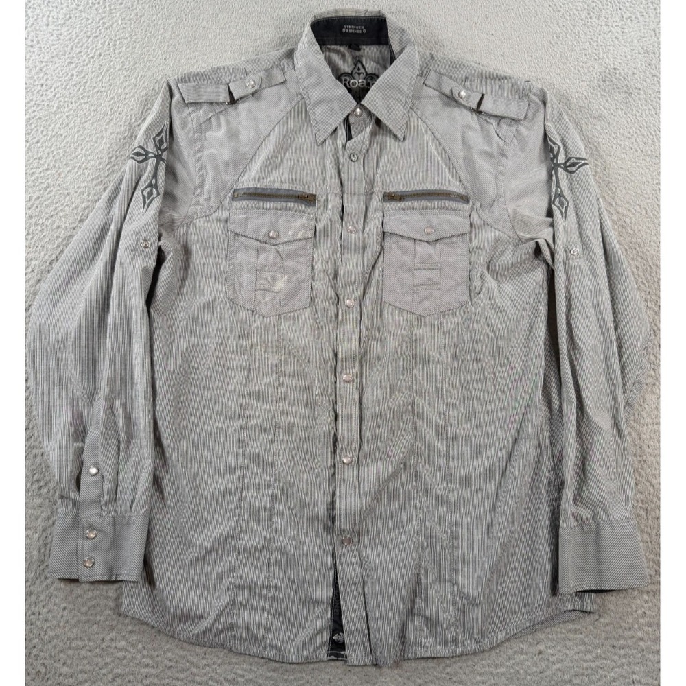 Roar Shirt Men XL Gray White Striped Embroidered Pearl Snap Strength Refined